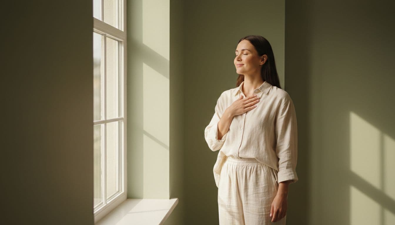 Taking a calm, centering breath by the window before speaking